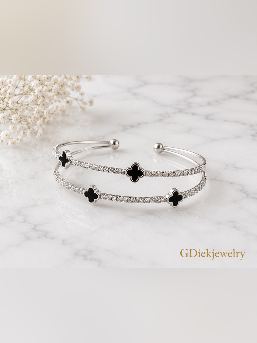 Stainless steel  Double Cuff Bracelet with Black Clover Accents